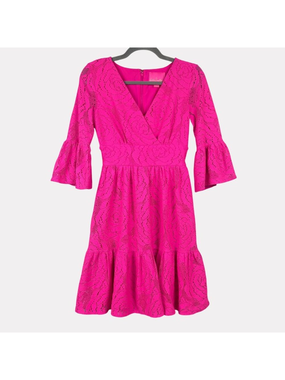 Lilly Pulitzer Cecelia Floral Lace Dress Womens 0 Pink Three Quarter Bell Sleeve